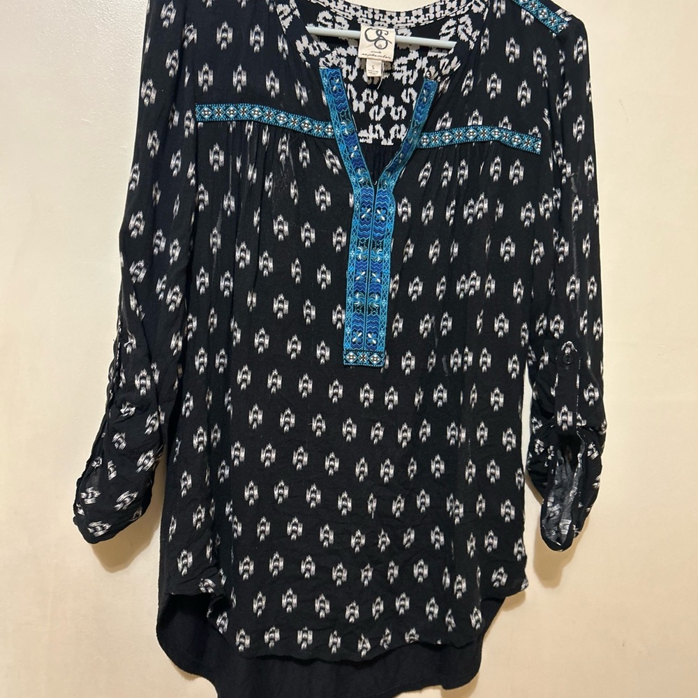 Anthropologie One September Sz S Embroidered Bohemian Black Tunic Blue Detail